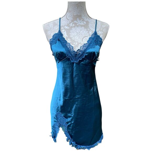 Teal Blue Satin Lace Slip Dress Chemise M Y2K Lingerie Aesthetic Crisscross - Picture 4 of 13